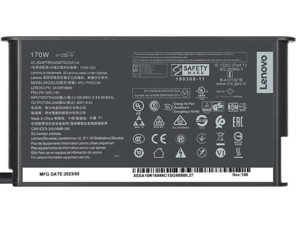 Original 170W 20V 8.5A Lenovo ADL170SCC3A Chargeur AC Adaptateur